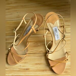 Jimmy Choo Elaine Blush Nude Tan Patent Leather Strappy Heels 39.5 9.5